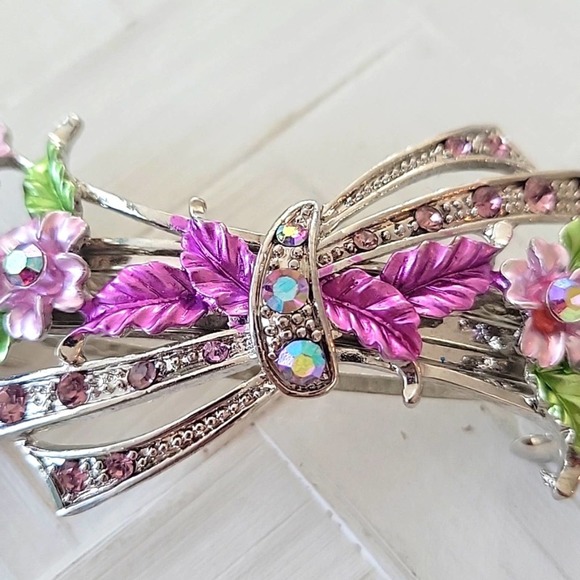Rhinestone and Metal Floral Hair Clip Pink Green Orange 4" - For Parts Only - Picture 3 of 6